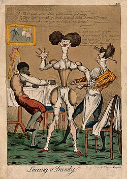 "Lacing a Dandy," a satirical cartoon of a man being laced into a corset, 1819