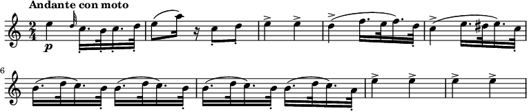 \relative c' { \set Staff.midiInstrument = #"oboe"
\set Staff.midiMinimumVolume = #0.7
\set Staff.midiMaximumVolume = #1.0
\tempo "Andante con moto"
\tempo 8 = 120
\transposition c'
\key a \minor
\time 2/4
e'4_\p \grace {d32} c16._. b32_. c16._. d32_. e8( a16) r c,8_. d_. e4-> e-> d->( f16. e32 f16.) d32_. c4->( e16. dis32 e16.) c32_. b16.( d32 c16.) b32_. b16.( d32 c16.) b32_. b16.( d32 c16.) b32_. b16.( d32 c16.) a32_. e'4-> e-> e-> e->
}