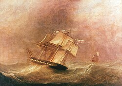 HMS Pique flying her White Ensign inverted while caught in a gale in the Strait of Belle Isle in September 1835.
