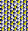 View of trioctahedral sheet of talc. Yellow spheres are hydroxyl; blue are magnesium. Apical oxygen binding sites are white.