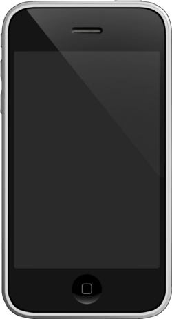 Front view of a rectangular mobile phone with rounded corners. The front is black with a blank screen and is surrounded by a metallic silver edge with several buttons protruding slightly from the side and top. A small elongated oval shaped speaker is above the screen and a round concave button with a grey square is below it.