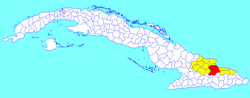 Mayarí municipality (red) within Holguín Province (yellow) and Cuba