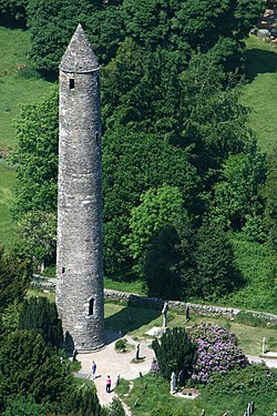 An Irish round tower, bell tower, at Glendalough, Ireland, c. 900 AD