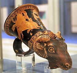 Ancient Greek red-figure ram-head rhyton, c. 340 BC