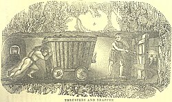 Lithograph showing a cross-section of a coal mine tunnel with two people pushing a coal cart and one boy opening a wooden door.