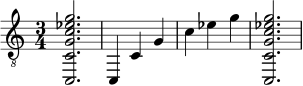  {
\clef "treble_8"
\time 3/4
<c, c g c' ees' g'>2.
<c, >4
<c >4
<g  >4
<c' >4
<ees' >4
<g' >4
<c, c g c' ees' g'>2.
}
