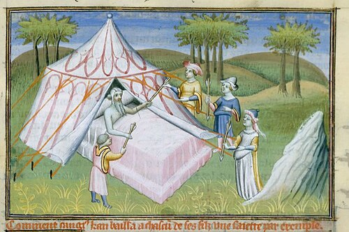 Drawing of an old man lying in a bed at the entrance to white tent, gesturing with arrows to four standing men. They are surrounded by grassland and rolling hills, with clumps of trees in the distance.