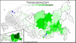 Evenki settlement in Russia by municipal areas and urban districts in percents of the total number of this nation in the Russian Federation. According to the 2010 census