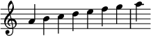 {
\override Score.TimeSignature #'stencil = ##f
\relative c'' {
\clef treble
\time 7/4 a4 b c d e f g a
} }