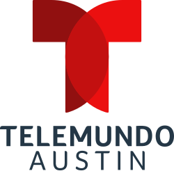 The Telemundo network logo, two red shapes forming a symmetrical letter T, above the words "Telemundo" and "Austin" in an off-black color on two separate lines.
