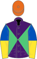 Purple and Emerald Green diabolo, Royal Blue and Yellow halved sleeves, Orange cap