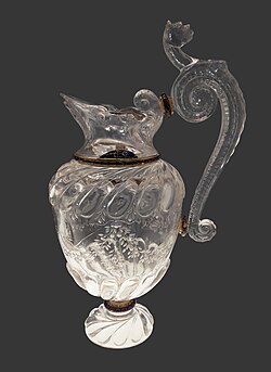 Rock crystal jug with cut festoon decoration by a Milan workshop from the second half of the 16th century, National Museum, Warsaw. Milan, apart from Prague and Florence, was the main Renaissance centre for crystal cutting.[100]