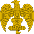 Eagle perched on fasces, as adorned on caps and helmets of Fascist Italy.