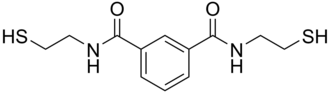 Central benzene ring, with two identical strings of CNCCCS attached to non-adjacent carbon atoms in the ring: the first "C" in each string is double-bonded to an O.