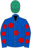 Royal blue, large red spots, royal blue sleeves, red spots, emerald green cap