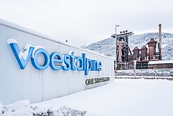 A view from the voestalpine wordmark onto blast furnace 4 of the Leoben-Donawitz integrated steel mill.