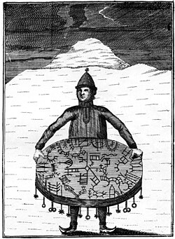 18th-century engraving of a Sámi man holding a ceremonial drum.