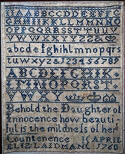 Cross-stitch alphabet sampler worked by Elizabeth Laidman, 1760