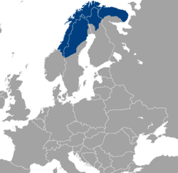 A map of northern Europe highlighting Sápmi, the traditional Sámi homeland, spanning northern Norway, Sweden, Finland, and the Kola Peninsula in Russia.