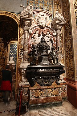 Baroque Doric columns with inlay of different types of stone, of the Funerary Monument of Gregorio Carafa, St John's Co-Cathedral, Valletta, Malta, unknown sculptor c.1690