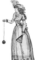 A 1791 illustration of a woman playing with an early version of the yo-yo, which was then called a "bandalore"