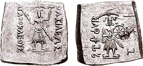 "Vrishni heroes" on the coinage of Agathocles of Bactria, circa 190-180 BCE: Samkarshana-Balarama, with Gada mace and plow, and Vāsudeva-Krishna, with Shankha (a pear-shaped case or conch) and Chakra wheel.[12][16][17] This is "the earliest unambiguous image" of the two deities.[18]