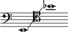 \layout { ragged-right = ##t \context { \Score \omit BarNumber } }
{
\new Staff \with { \remove "Time_signature_engraver" }
\clef bass \key c \major \cadenzaOn
e,1
\glissando
\clef tenor bes'1
}