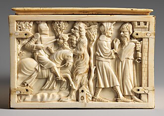 Knight saving a woman from a wild man, ivory casket, 14th century