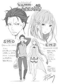 A drawing of Subaru and Emilia side by side, with close-ups of their faces positioned above them. Japanese text on either side of the image.