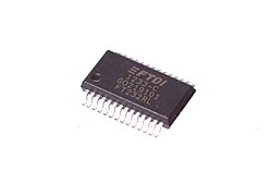 FTDI FT232RL: USB to UART chip (in SSOP package).