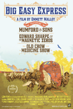 Poster depicting winged buffaloes gathered in a grassy field as a red train passes through. The title Big Easy Express by Emmett Malloy appears in bold blue font at the top center, with the featured bands, Mumford & Sons, Edward Sharpe & the Magnetic Zeros, and Old Crow Medicine Show, listed below.