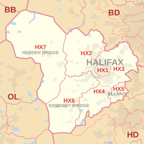 HX postcode area map, showing postcode districts, post towns and neighbouring postcode areas.