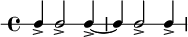 
 \new RhythmicStaff {
   \clef percussion
   \time 4/4
   \set Score.tempoHideNote = ##t \tempo 4 = 100
   c4-> c2-> c4->~ c c2-> c4->
}
