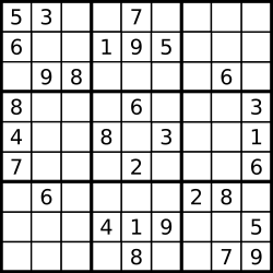 A sudoku 9x9 grid, some with a number filled in them.