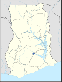 Outline map of Ghana with rivers and regional boundaries shown. The location of Bosumpra Cave is marked with a blue dot, in the Eastern Region, on the Kwahu Plateau.