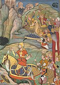 Musicians advance behind Emperor Humayun defeating the Afghans: one straight-tubed nafir trumpet, one S-curved karnay.