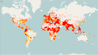 Terrorist incidents, 1970–2015. A total of 157,520 incidents are plotted. Orange: 1970–1999, Red: 2000–2015