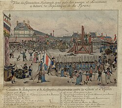 The execution of Couthon; the body of Adrien Nicolas Gobeau, ex-substitute of the public accuser Fouquier and member of the Commune, the first who suffered, is shown lying on the ground; Robespierre (#10) is shown holding a handkerchief to his mouth. Hanriot (#9) is covering his eye.