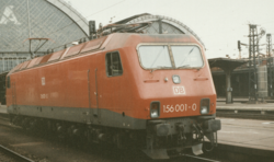 Red locomotive with DB logo and number 156 001 on the front
