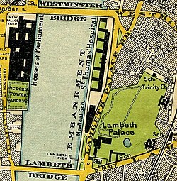 Map of the Thames between Westminster and Lambeth Bridges, with Westminster Palace on the west bank and Lambeth Palace on the east, 1897