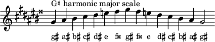 
\header { tagline = ##f }
scale = \relative a { \key gis \major \omit Score.TimeSignature
  gis'^"G♯ harmonic major scale" ais bis cis dis e fisis gis fisis e! dis cis bis ais gis2 }
\score { { << \cadenzaOn \scale \context NoteNames \scale >> } \layout { } \midi { } }
