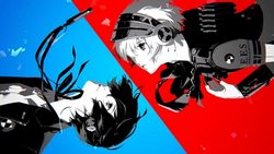 Aigis looks upon the protagonist, wearing a metal visor alongside a tactical vest, with a gorget flowing side her ribbon, while she holds her hand towards her chest, showing off her shoulder band that displays Gekkoukan High's logo, a checkered circle and text displaying: "S.E.E.S". Below that, is text that reads: "Special Extracurricular Execute Sector", while displaying the number 7, as Aigis' background displays bright red. On the bottom left, is the Persona 3 protagonist, wearing his school uniform and MP3 Player, as it floats up in the air in the background, displaying a bright blue.