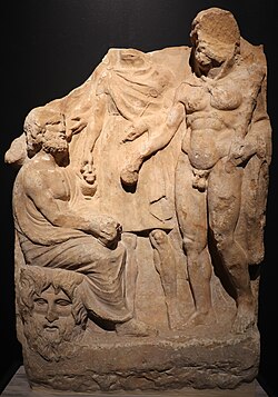 Marble votive relief of Zeus Meilichios sitting on the Acheloos River, with Hermes, Heracles, the Mother of the Gods, and Callirrhoe. Found in the Ilisos River, near Athens. Early 3rd century BC