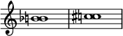 
{
\override Score.TimeSignature
#'stencil = ##f
    \relative c'' {
        \time 4/4
        \set Score.tempoHideNote = ##t \tempo 1 = 20
        <b! bes>1 <c! cis>
    }
}
