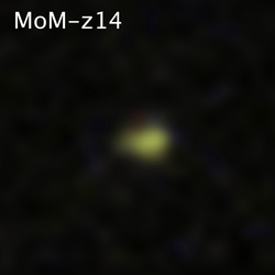 An infrared image of MoM-z14 from NASA's James Webb Space Telescope that was taken by the NIRCam