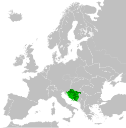 Territories claimed and controlled by the Independent State of Croatia in 1943 (dark green) Territories claimed by the Independent State of Croatia and controlled by the Yugoslav Partisans in 1943 (light green)