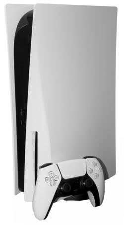 Original PlayStation 5 in upright position, with DualSense controller sitting on right side