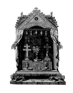 1790 drawing of the relics at Sainte-Chapell; the lance tip is in the reliquary at the right hand side.