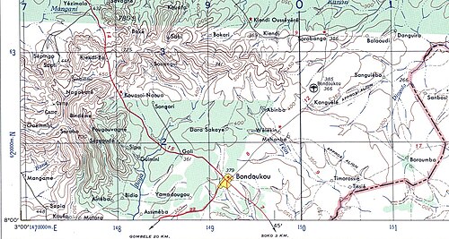 Region around Bondoukou town, showing international border in red, c. 1957.