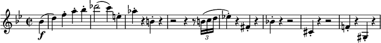 \relative c'' {
\key g \minor
\time 2/2
\set Staff.midiInstrument = #"violin"
\set Score.tempoHideNote = ##t \tempo 2 = 120
\partial 4 bes\f( |
d4) f-. a-. bes-. |
des2( c4) e,-. |
as4-. r b,-. r |
r2 r4 r8 \times 2/3 { b16( c d } |
es!4-.) r fis,-. r |
bes!4-. r r2 |
cis,4-. r r2 |
f!4-. r gis,-. r |
}